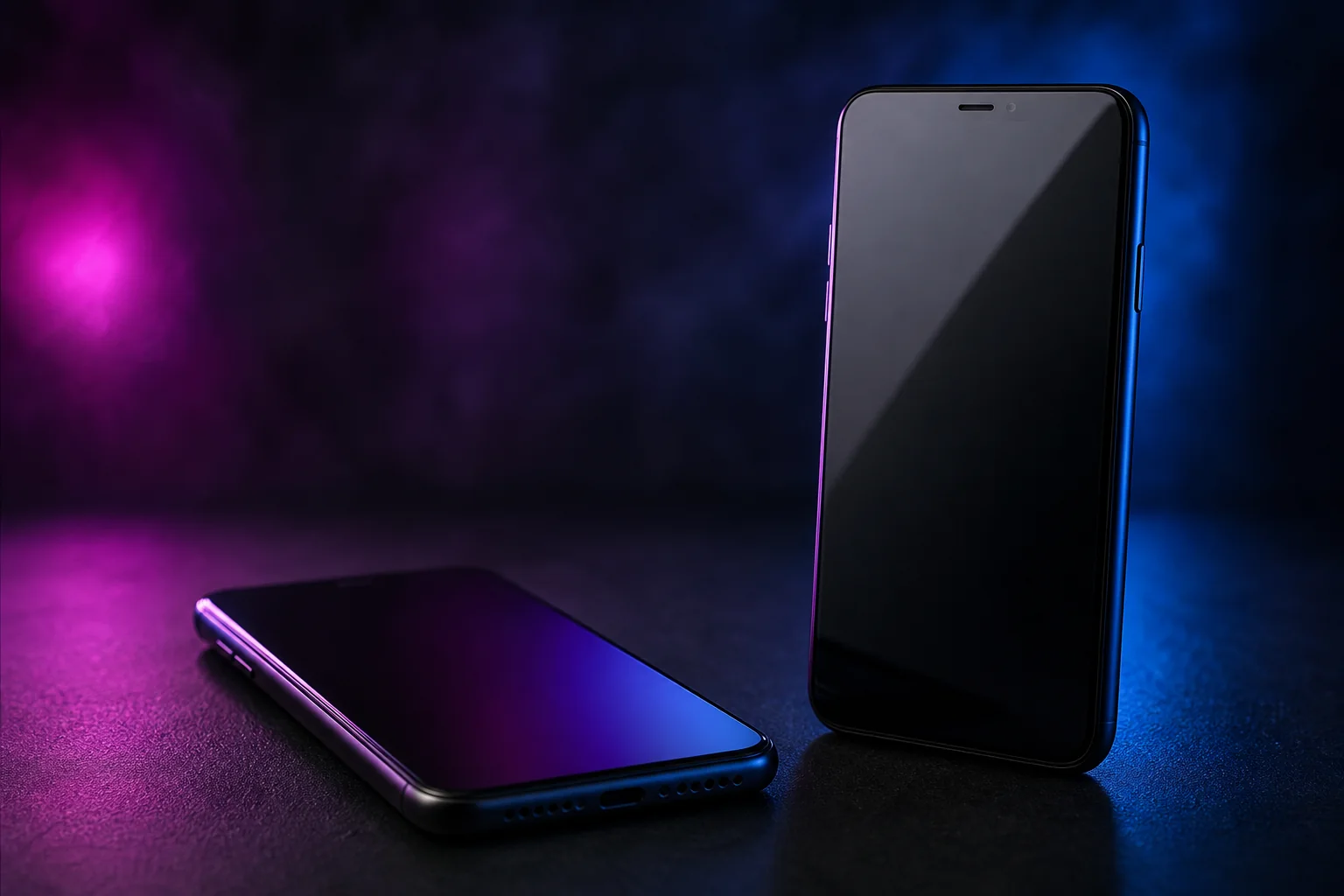 Two smartphones lit by purple and blue light, ready to be linked to the WhatsApp bot