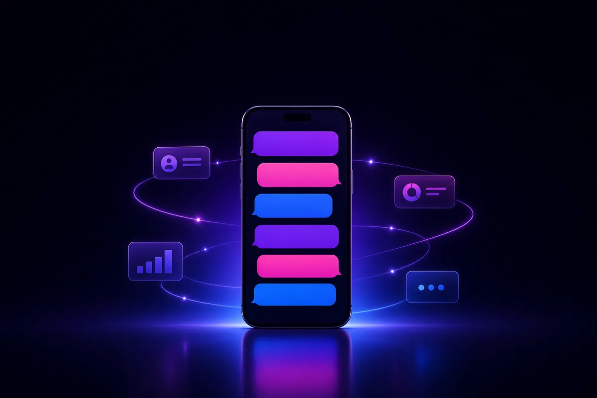 A phone receiving automated WhatsApp replies, surrounded by floating interface panels